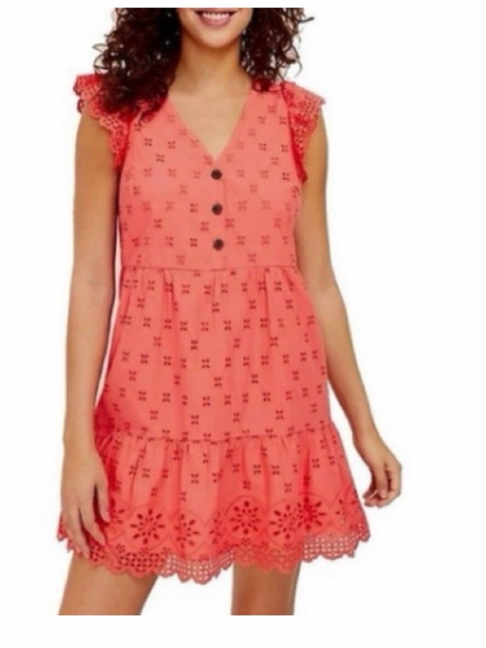 LOFT Coral Eyelet Tiered V‑Neck Dress ruffle sleeves Size 4 NWT